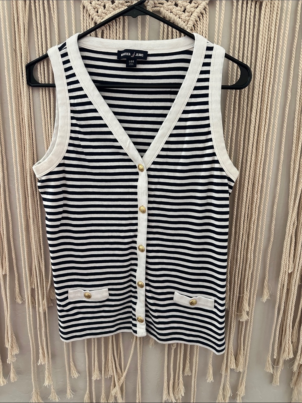 Nautica Navy & White Striped Sleeveless Cardigan Tank